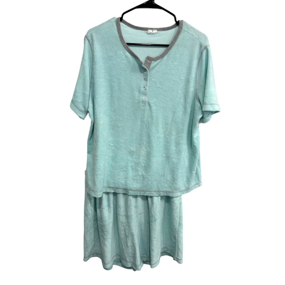 Silver Wear Light Blue Terrycloth Lounge Set Henley Top Elastic Waist Shorts